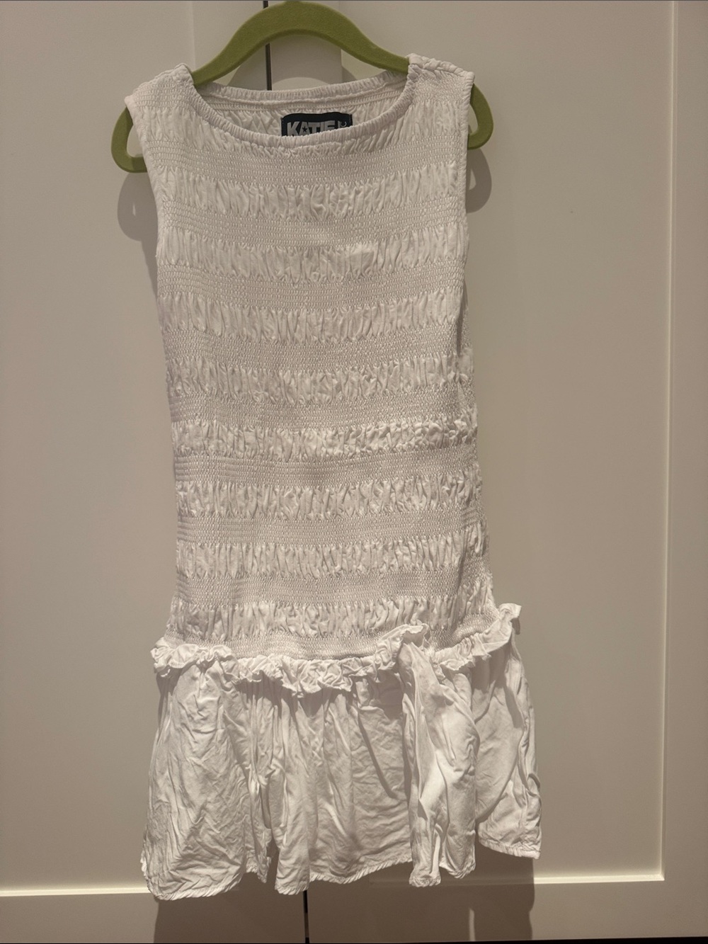 Katie J NYC White Smocked Ruffle Hem Dress